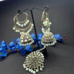 Trendy Double Layered Mirror Jhumki Earrings & Tikka Set magenta1