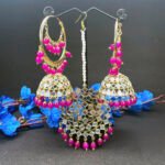 Trendy Double Layered Mirror Jhumki Earrings & Tikka Set Magenta1