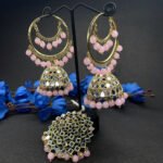 Trendy Double Layered Mirror Jhumki Earrings & Tikka Set magenta1